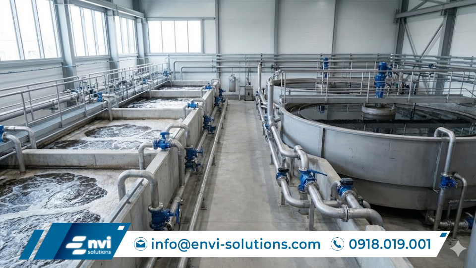 Toàn cảnh vận hành hệ thống xử lý nước thải công nghiệp (bể sinh học, bể lắng, đường ống)