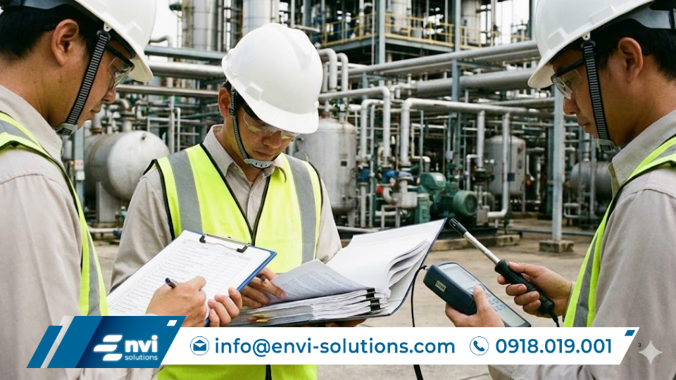 Cán bộ kỹ thuật kiểm tra hồ sơ và điều kiện môi trường tại cơ sở sản xuất