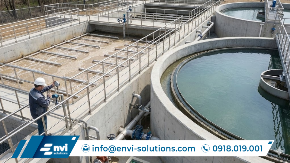 Lấy mẫu nước thải sau xử lý để đánh giá hiệu quả trong giai đoạn vận hành thử nghiệm