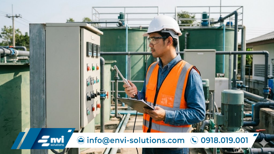 Kỹ sư môi trường trực tiếp giám sát và kiểm tra thông số trong quá trình vận hành thử nghiệm hệ thống xử lý nước thải.