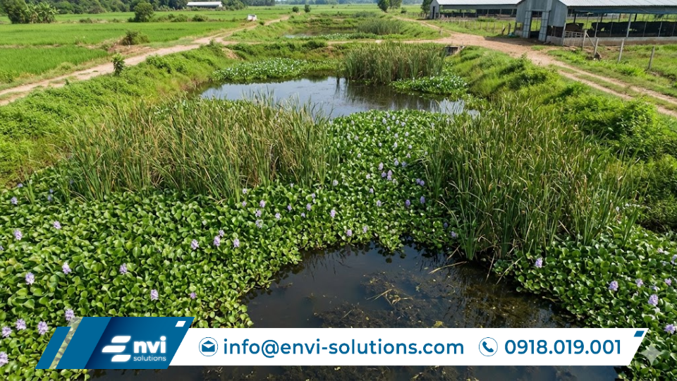 Hồ xử lý nước thải chăn nuôi heo bằng thực vật thủy sinh giúp hấp thụ chất ô nhiễm, cải thiện chất lượng nước và giảm mùi hôi tại trang trại.