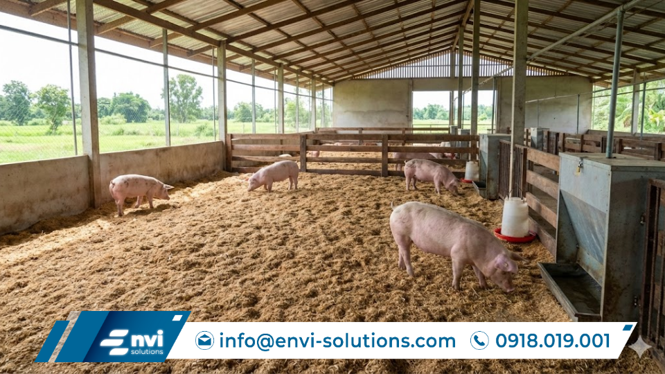 Đệm lót sinh học giúp xử lý chất thải chăn nuôi ngay tại chuồng, giảm mùi hôi và tạo nguồn phân bón hữu cơ cho cây trồng.