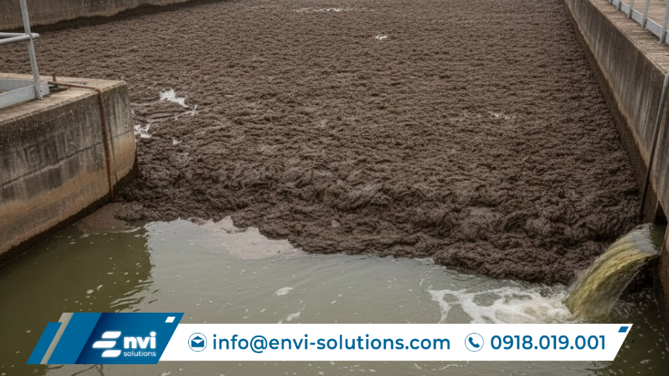 Bùn vi sinh nổi trong bể lắng sinh học do hệ thống xử lý nước thải không được bảo dưỡng đúng cách
