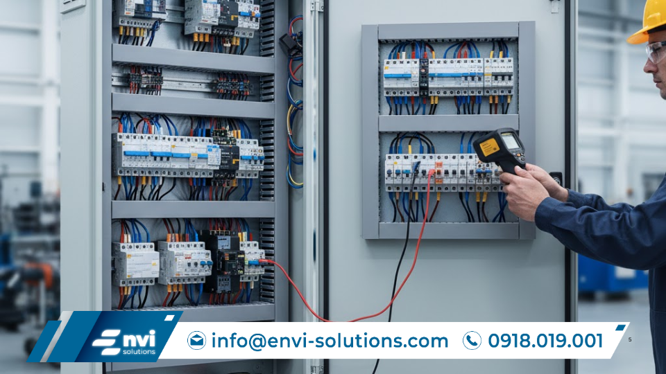 Kỹ thuật viên kiểm tra và bảo trì tủ điện điều khiển trong hệ thống xử lý nước thải công nghiệp