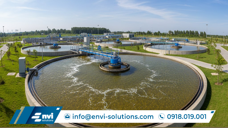 Hệ thống xử lý nước thải công nghiệp đang vận hành ổn định với các bể xử lý, đường ống và thiết bị kỹ thuật