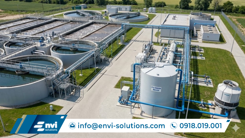 Hệ thống tái sử dụng nước thải sau xử lý tại khu công nghiệp, giúp tiết kiệm tài nguyên nước và giảm chi phí vận hành cho doanh nghiệp.