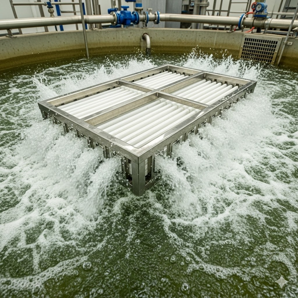 Quá trình nước sau xử lý sinh học đi qua màng lọc MBR, tách vi sinh vật và tạp chất để tạo ra nước sạch.