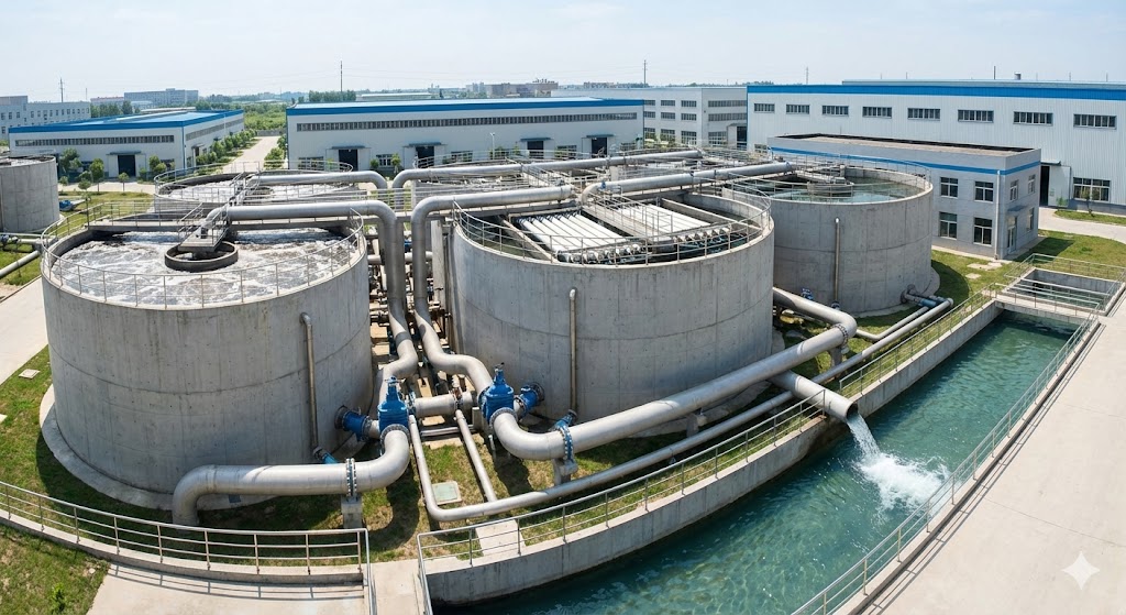 Nhà máy xử lý nước thải công nghiệp sử dụng công nghệ màng lọc MBR, gồm các bể tròn và đường ống dẫn nước sau xử lý.