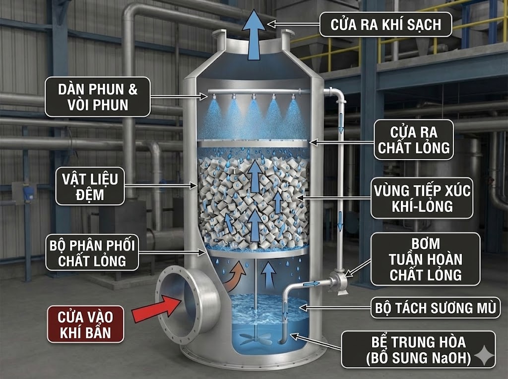 Sơ đồ nguyên lý tháp hấp thụ khí thải dạng đệm với hệ phun dung dịch và lớp packing xử lý khí độc SO₂, H₂S, NH₃.