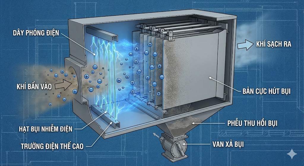 Minh họa nguyên lý lọc bụi tĩnh điện ESP với dây ion hóa và bản cực thu bụi mịn PM2.5.