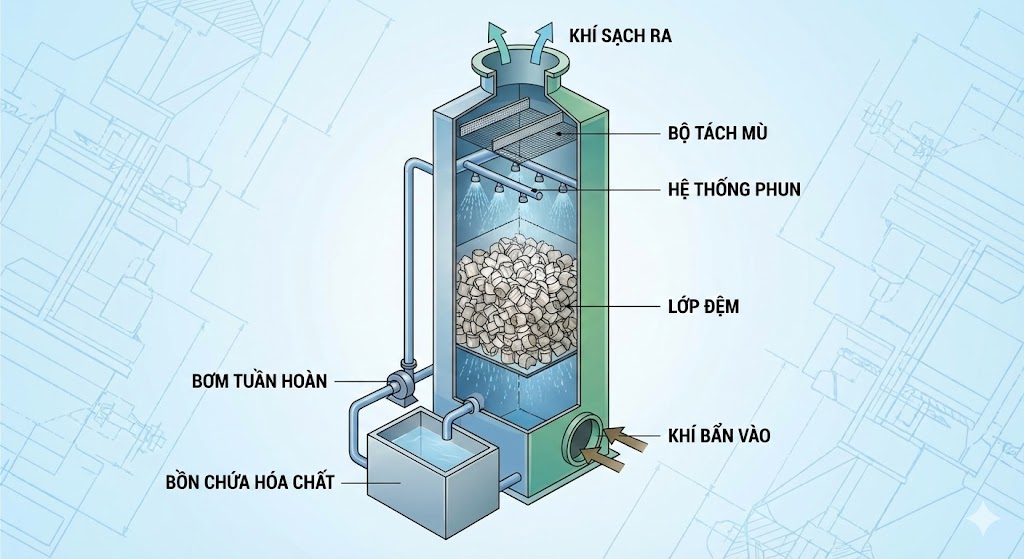 Mô hình tháp rửa khí công nghiệp với hệ bơm tuần hoàn, lớp đệm và bộ tách giọt xử lý bụi và hơi hóa chất.