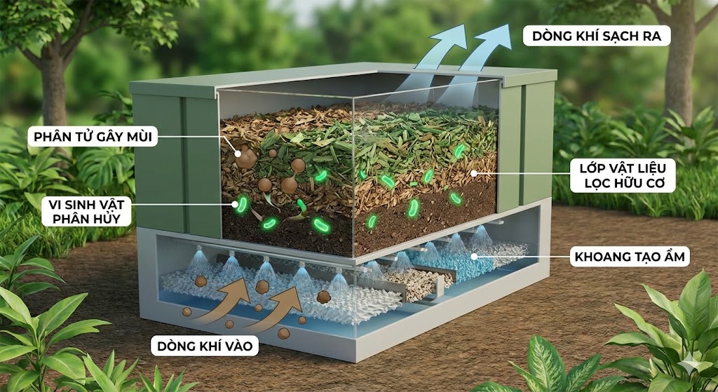 Sơ đồ biofilter sử dụng lớp giá thể hữu cơ và vi sinh vật phân hủy khí thải gây mùi.