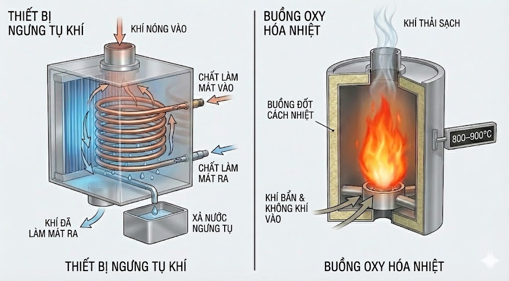 Hình minh họa hệ ngưng tụ thu hồi dung môi VOC và buồng oxy hóa nhiệt đốt VOCs ở 800–900°C.