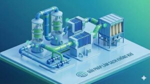 Hệ thống xử lý khí thải công nghiệp gồm scrubber, ESP, lọc túi vải và đường ống – mô phỏng tổng quan các giải pháp xử lý khí thải 2025.