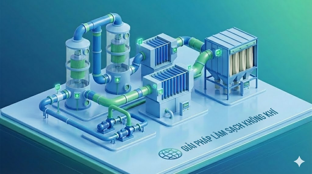 Hệ thống xử lý khí thải công nghiệp gồm scrubber, ESP, lọc túi vải và đường ống – mô phỏng tổng quan các giải pháp xử lý khí thải 2025.