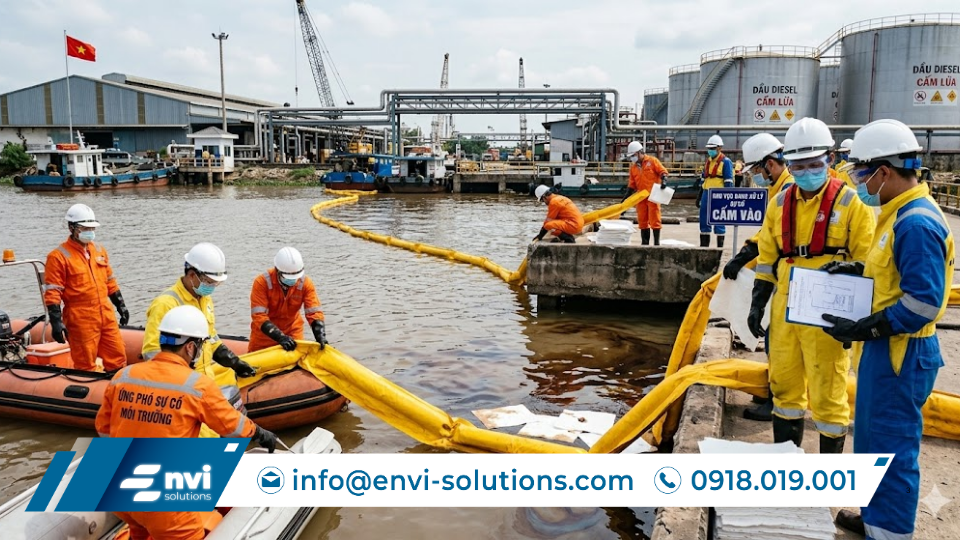 Đội kỹ thuật triển khai phao quây trong quá trình ứng phó môi trường sự cố tràn dầu tại khu vực cảng biển