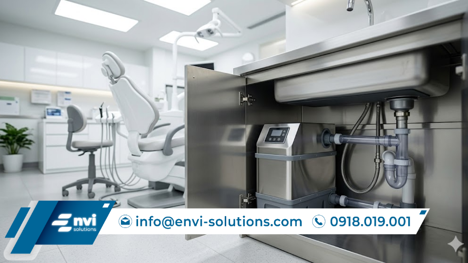 module xử lý nước thải nha khoa lắp đặt dưới ghế nha