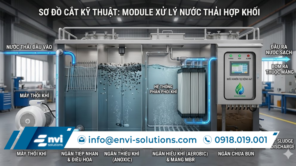 Sơ đồ cắt lớp mô phỏng cấu tạo chi tiết bên trong module xử lý nước thải Envi Solutions