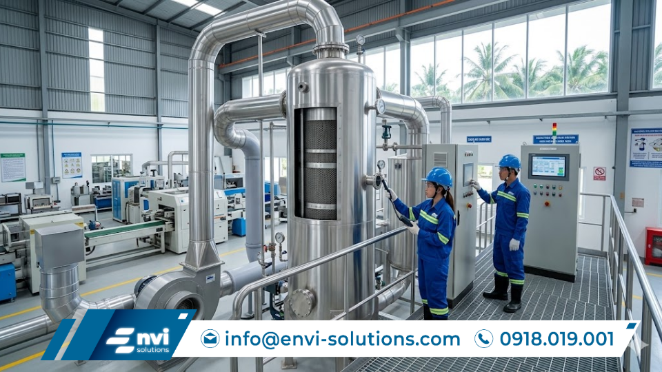 hệ thống tháp hấp phụ xử lý mùi bằng than hoạt tính trong nhà máy công nghiệp