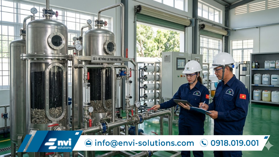 Một kỹ sư đang vận hành hệ thống xử lý nước thải bằng than hoạt tính. Hệ thống bao gồm các bể chứa than hoạt tính và các thiết bị liên quan khác.