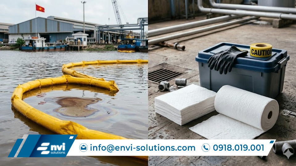 Phao quây dầu và tấm thấm dầu chuyên dụng dùng trong ứng phó môi trường sự cố tràn dầu công nghiệp