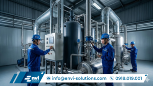 kỹ sư Envi Solutions kiểm tra hệ thống xử lý hơi dung môi VOCs tại nhà máy công nghiệp