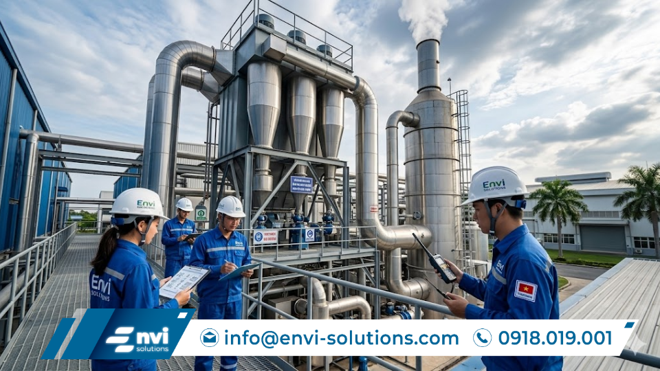 kỹ sư Envi Solutions kiểm tra hệ thống xử lý khí thải lò đốt củi tại nhà máy công nghiệp