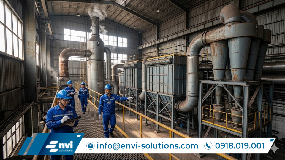 kỹ sư Envi Solutions kiểm tra hệ thống xử lý khí thải lò đốt than trong nhà máy công nghiệp