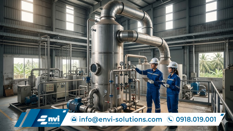 quy trình hệ thống xử lý khí thải lò đốt dầu bằng tháp hấp thụ và hệ thống đường ống công nghiệp