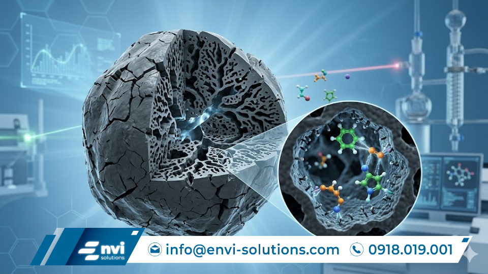 Sơ đồ minh họa cơ chế bẫy phân tử VOCs bên trong mao quản của than hoạt tính.