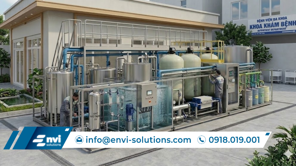 Công nghệ sinh học và hệ thống sục khí trong module xử lý nước thải y tế giúp loại bỏ vi khuẩn và chất ô nhiễm hiệu quả.