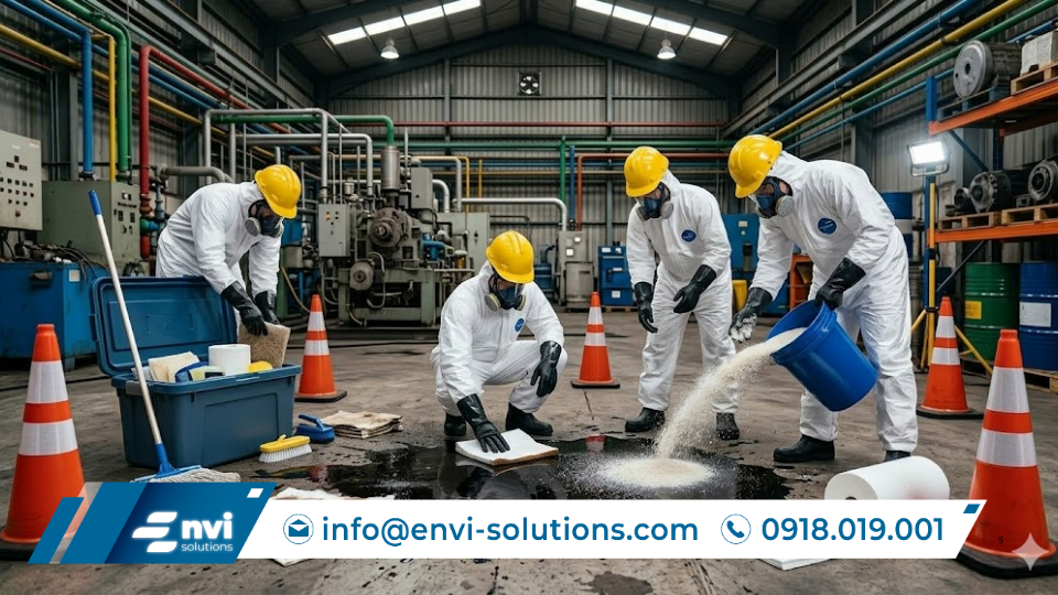 Kỹ thuật viên sử dụng tấm thấm dầu để xử lý và ứng phó môi trường sự cố tràn dầu trong nhà máy