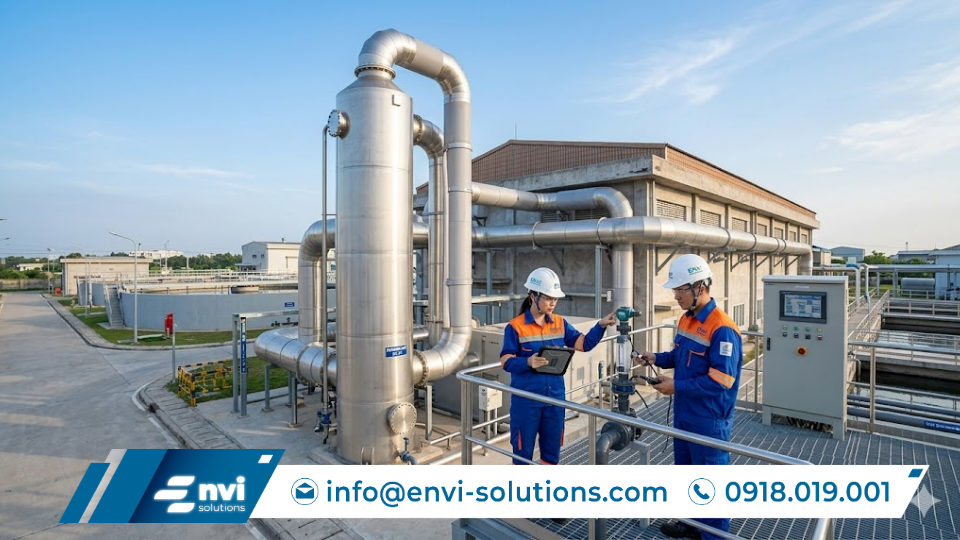 Kỹ sư Envi Solutions kiểm tra hệ thống xử lý mùi công nghiệp tại nhà máy