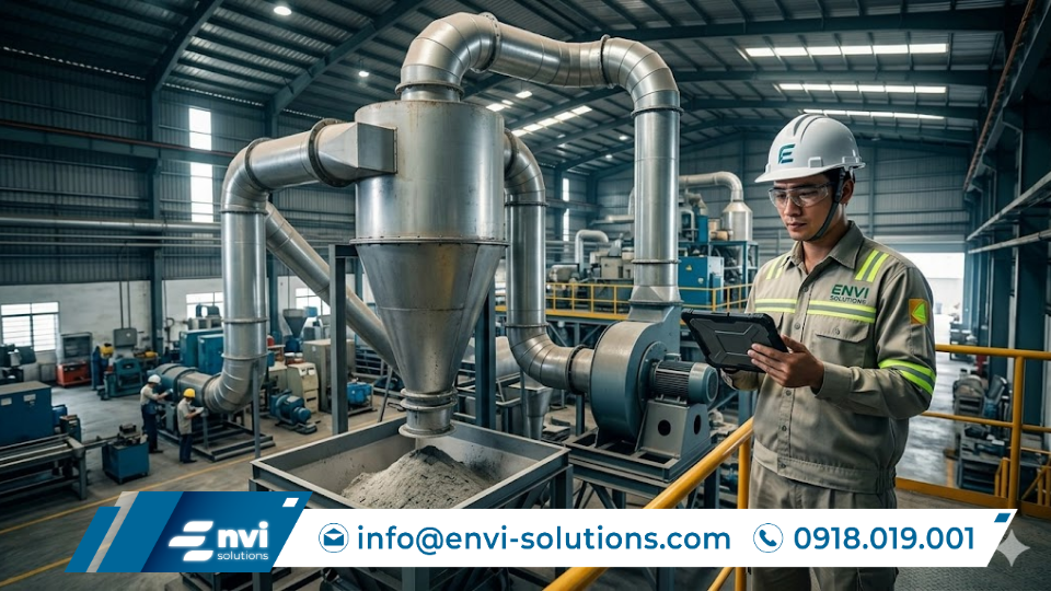 hệ thống xử lý khí thải lò đốt củi công nghiệp với cyclone và tháp hấp thụ