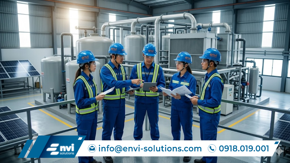 đội ngũ kỹ sư Envi Solutions vận hành hệ thống xử lý hơi dung môi VOCs tại nhà máy