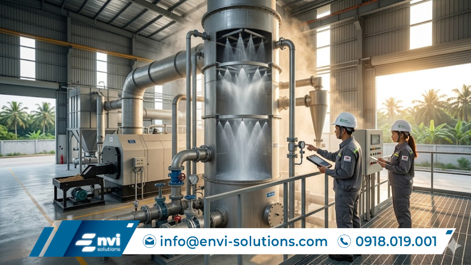 đội ngũ kỹ sư Envi Solutions triển khai hệ thống xử lý khí thải lò đốt củi tại nhà máy