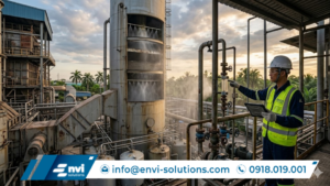 kỹ sư Envi Solutions kiểm tra tháp hấp thụ trong hệ thống xử lý khí thải lò đốt than