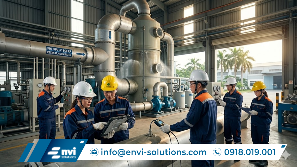 kỹ sư môi trường Envi Solutions kiểm tra hệ thống xử lý khí thải lò đốt dầu tại nhà máy