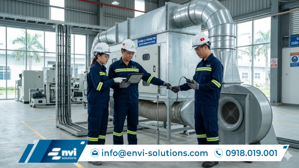 kỹ sư Envi Solutions kiểm tra hệ thống xử lý mùi bằng than hoạt tính tại nhà máy