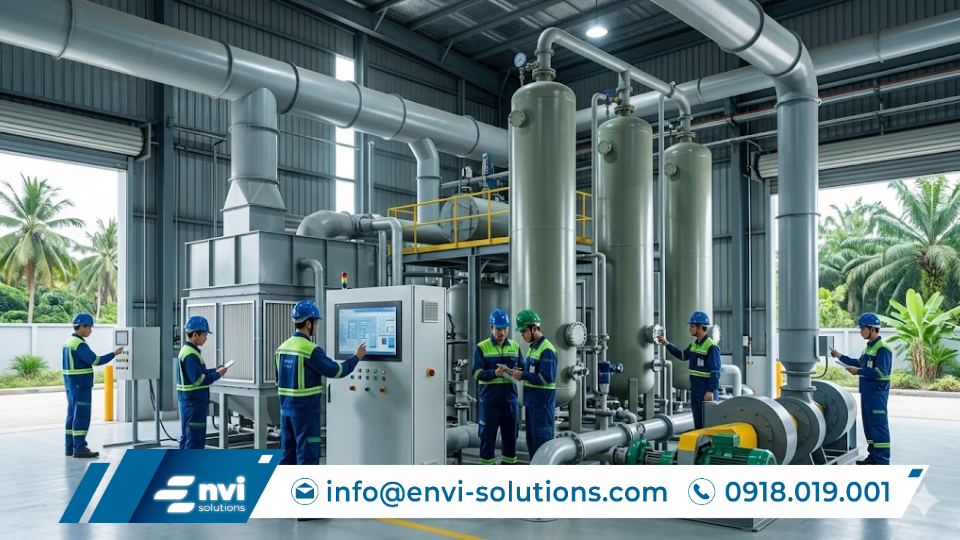 Đội ngũ kỹ sư Môi Trường Envi Solutions đang vận hành và kiểm tra hệ thống tháp lọc sử dụng than hoạt tính xử lý khí thải công nghiệp quy mô lớn.