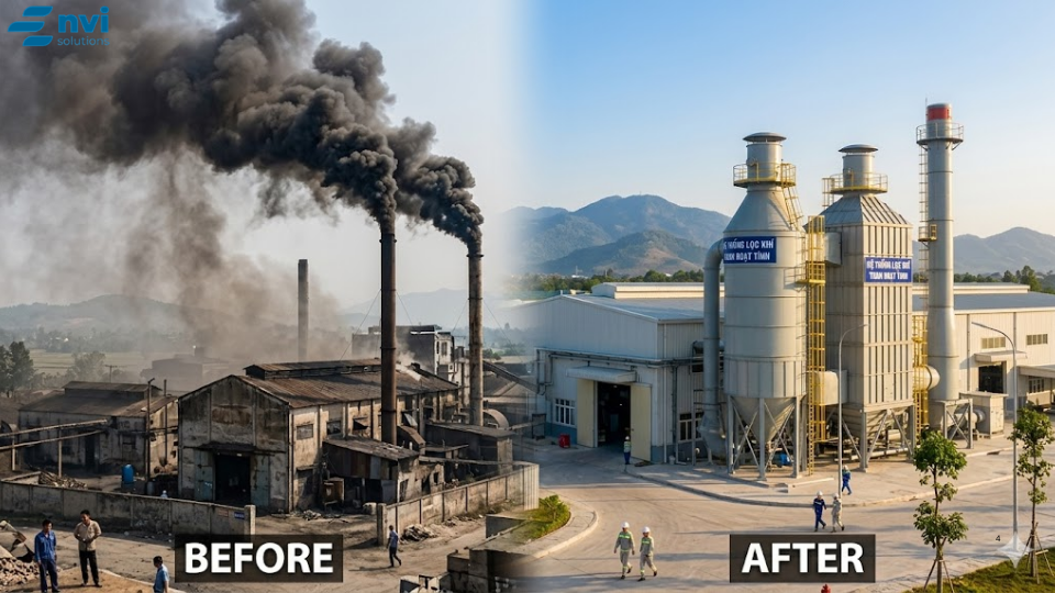 Ảnh so sánh hai nửa: bên trái khói đen ô nhiễm, bên phải hệ thống tháp lọc thép sáng bóng không khói.