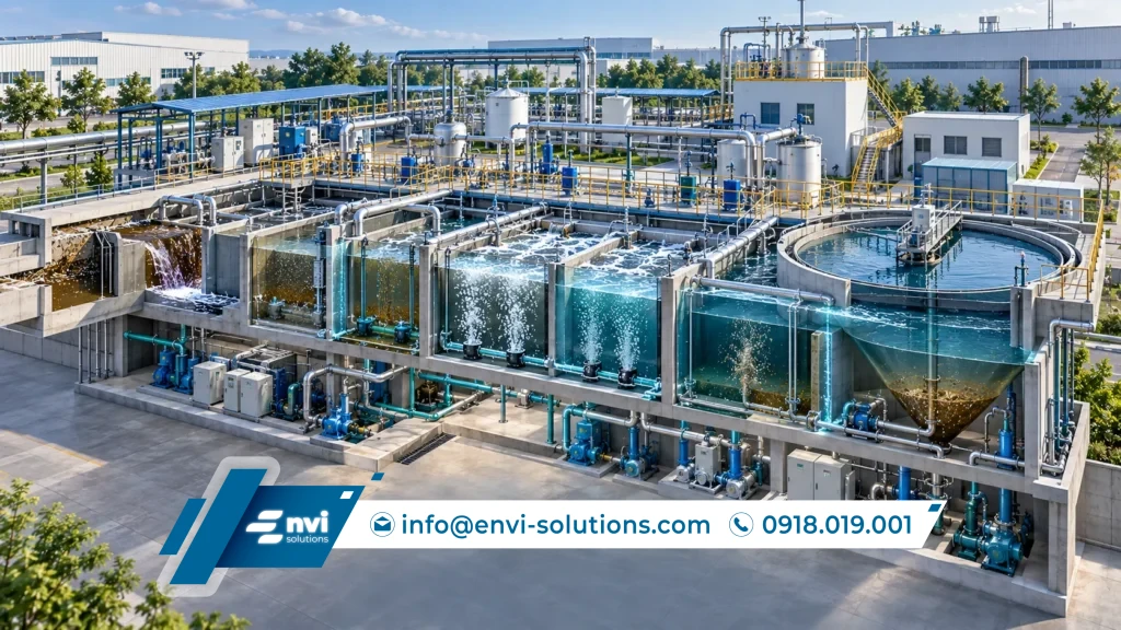 Mô hình kỹ thuật hệ thống xử lý nước thải công nghiệp với bể xử lý, đường ống và thiết bị vận hành
