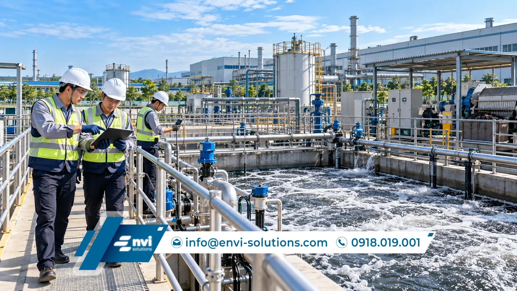 Kỹ sư công ty xử lý nước thải kiểm tra hệ thống xử lý nước thải công nghiệp đang vận hành