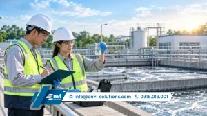 Kỹ sư môi trường Envi Solutions kiểm tra vận hành bể xử lý nước thải tại nhà máy