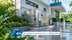Module xử lý nước thải y tế hợp khối bằng inox đặt cạnh phòng khám