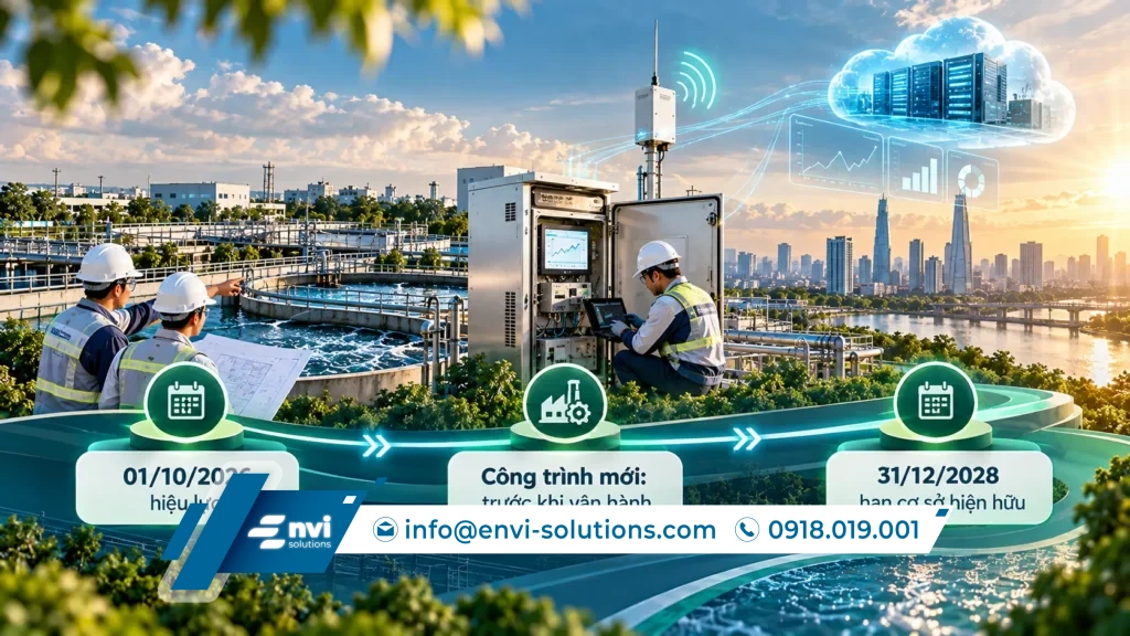 Lộ trình quan trắc tự động từ 01/10/2026 đến 31/12/2028, kỹ sư kiểm tra trạm truyền dữ liệu
